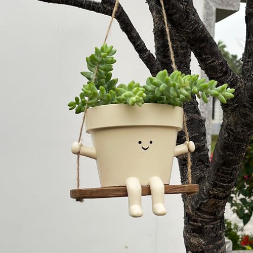 Hanging Planter Swing Face Plant Pot - Cute Resin Head Planters with Drainage Hole Indoor Outdoor Plant Holder, Succulent/String of Pearls Flower Pots, Unique Sitting Sway Pots, Gift Ideas for Mother
