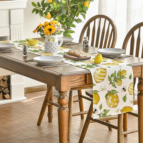 Artoid Mode Lemon Bee Leaves Summer Table Runner, Seasonal Spring Kitchen Dining Table Decorations for Home Party Decor 13x36 Inch