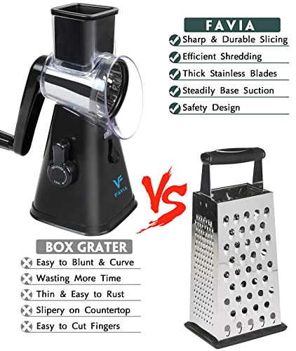 FAVIA Rotary Cheese Grater, Kitchen Speed Mandoline Vegetable Slicer Grinder with 3 Interchangeable Blades,Easy to Clean Shredder for Fruit, Vegetables, Nuts（Black)