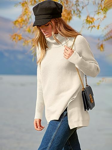 ANRABESS Women's Oversized Turtleneck Batwing Sleeve Spilt Casual Loose Knit Tunic Pullover Sweater Tops 2024 Fall Outfits Lake Small