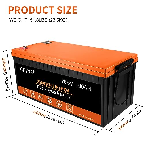 CHINS LiFePO4 Battery 24V 100Ah Lithium Battery - Built-in 100A BMS, 2000+ Cycles, Perfect for RV, Home Storage and Off-Grid