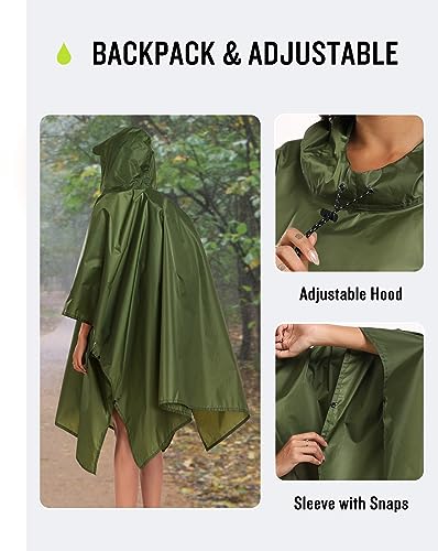 SaphiRose Hooded Rain Poncho Waterproof Raincoat Jacket for Men Women Adults (Army Green)