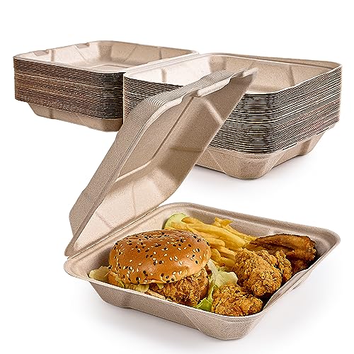 ECOLipak 300 Pack Clamshell To Go Containers, 100% Compostable Disposable Take Out Food Containers, 8X8 inch 3-Compartment Heavy-Duty To Go Boxes