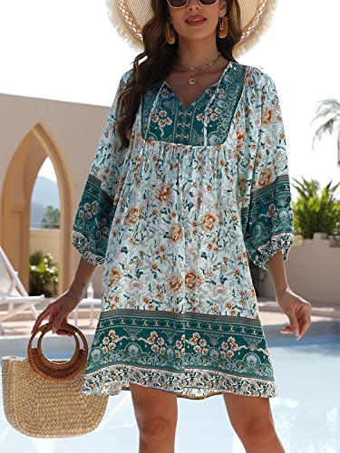 Qearal Women's Floral Summer Short Dress 2023 Casual Boho Print Vacation Dresses Black, M