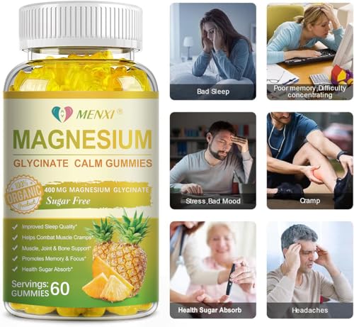 Magnesium Glycinate Gummies 400mg, Sugar Free Magnesium Taurate, Magnesium Malate Supplement with Vitamin D, B6, CoQ10 for Relaxation, Stress Relief, Muscle, Bone & Sleep Support- 60 Pineapple Gummies