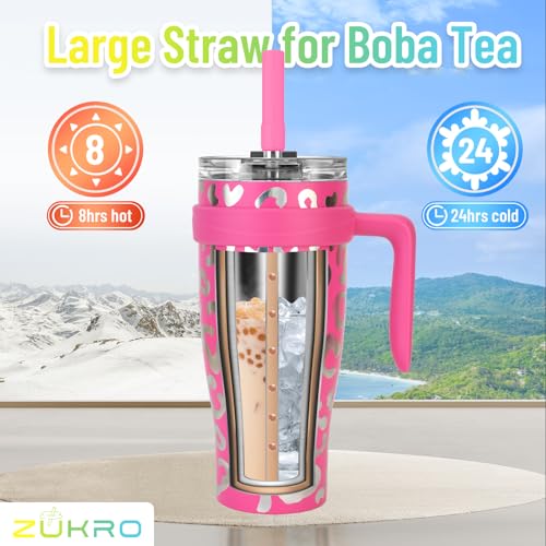 Zukro 50 oz Tumbler With Handle and Straw, Leak Proof Vacuum Insulated Double Wall Stainless Steel Cup with 2-in-1 Screw Lid, No Sweat Large Water Bottle Fit in Cup Holder, Keeps Drinks Cold 30 Hours