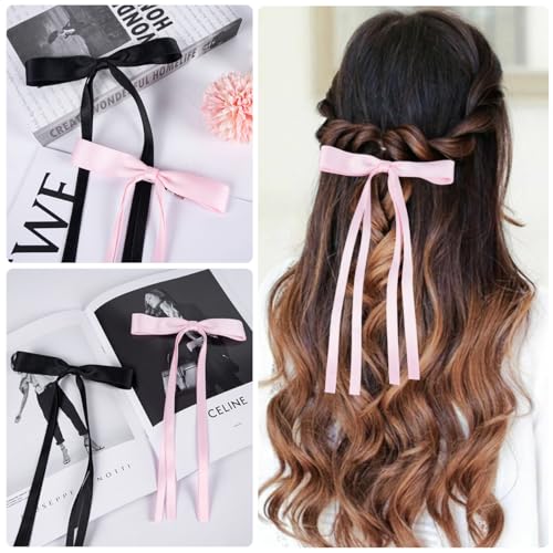 NYXXZ Hair Bow Clip, 4 Pcs Ribbon Bowknot Tassel Long Tail Hair Bow Clips for Girls, Women's Hair Accessories, Black, 4.1*2.75 inches(Length*Width), 4 Count