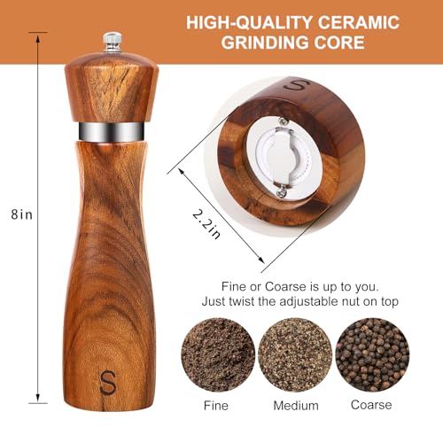 2 Pack Salt and Pepper Grinder Set, Acacia Salt and Pepper Shakers Wood Salt Shaker with Ceramic/Stainless Steel Core, Modern and Elegant Wooden Salt and Pepper Set