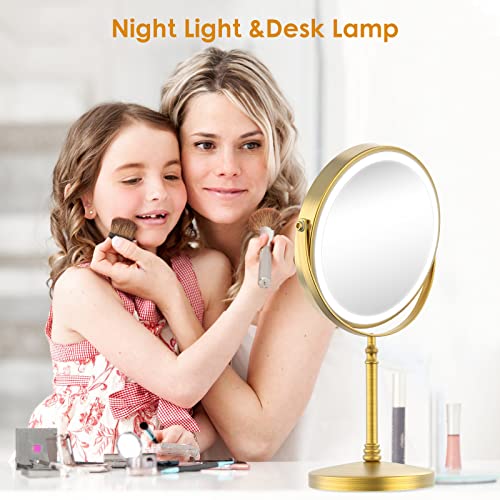 Lighted Makeup Mirror, 8" Rechargeable Double Sided Magnifying Mirror with 3 Colors, 1x/10x 360° Rotation Touch Screen Vanity Mirror, Brightness Adjustable Magnification Cosmetic Light up Mirror