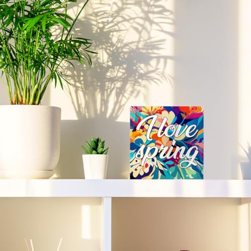Spring Wooden Desk Sign,Funny Spring Sign,I Love Spring Wood Block Signs Desk Decor,Spring Decorations for Home Shelf Table Decor-1
