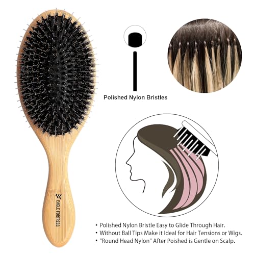 EAGLE FORTRESS Glidease Wood Boar Bristle Hair Brush with Nylon Refined Smooth Bristle for Women, Men, and Kids - Effortless Detangler Hair Brush Ideal for Thick, Thin, Fine All Hair (Bamboo)