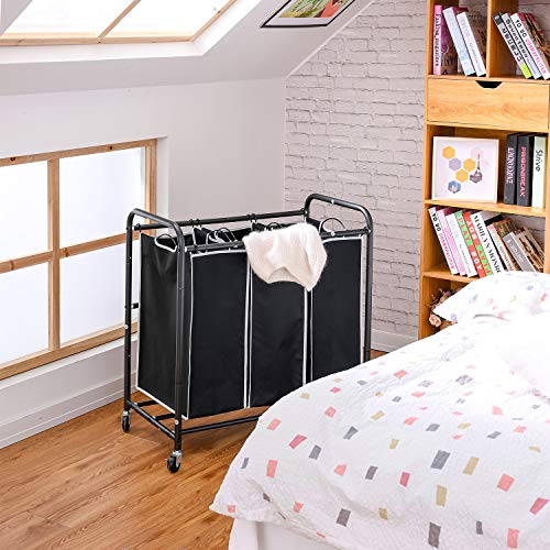 ROMOON Laundry Sorter, 3 Compartment Laundry Hamper with Heavy Duty Rolling Lockable Wheels, Laundry Basket Organizer with Removable Bags for Dirty Clothes Storage, Black