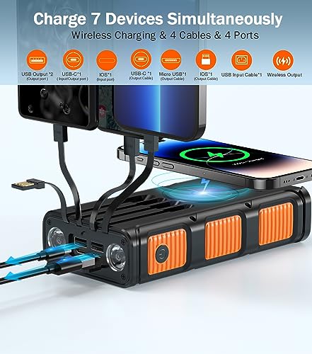 GOODaaa Power Bank Wireless Charger 45800mAh Built in Hand Crank and 4 Cables 15W Fast Charging Power Bank 7 Outputs & 4 Inputs Solar Portable Charger, SOS/Strobe/Strong Flashlights, Compass