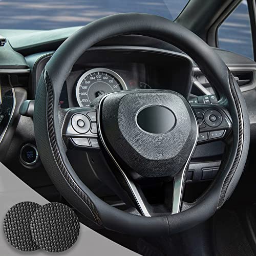 Muamos Car Steering Wheel Cover Beige, 14.5-15 inch Steering Wheel Covers with Coasters Microfiber Leather Carbon Fiber Breathable Anti-Slip Durable Universal Auto Steering Wheel Protective