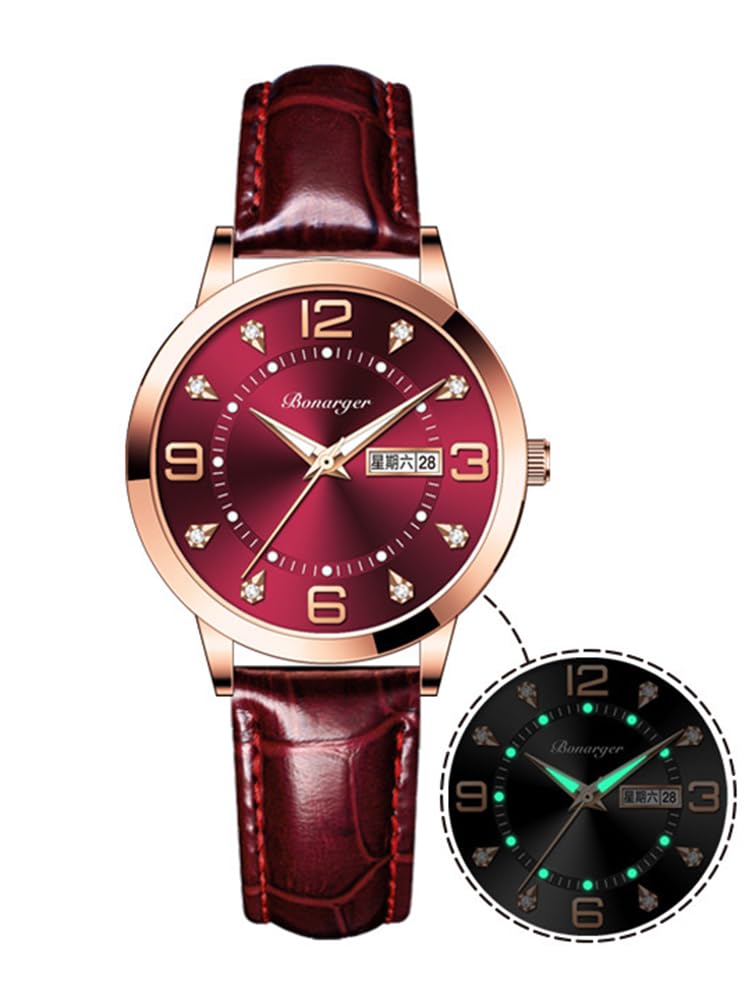 BESTKANG Leather Women Watches Ladies Dress Analog Quartz Date Classic Luminous Leather Strap 3ATM Waterproof Female Wrist Watch (Wine red)