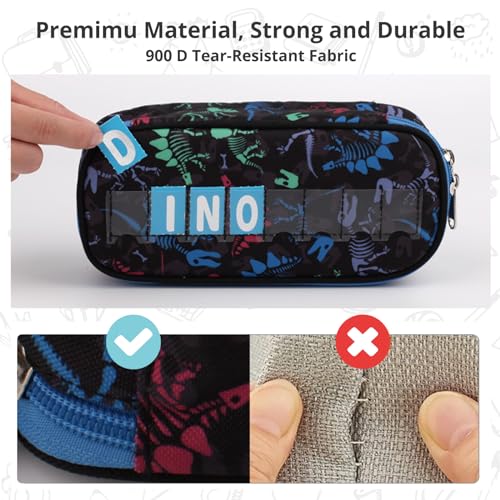 BERRYRIZZ Large Capacity Pencil Case Pen Pouch Organizer Canvas Pencil Bag with Name Stickers School Supplies for Teen Boys-Black & Blue Dinosaur Fossil