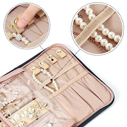 NISHEL Travel Jewelry Organizer Roll, Transparent Foldable Case for Necklaces, Earrings, Rings, Bracelets, Watch, Pink