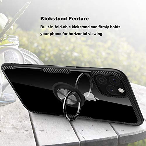 SQMCase Designed for iPhone 11 Case 6.1 inch 2019, Carbon Fiber Design Clear Crystal Anti-Scratch Case with 360 Degree Rotation Ring Kickstand(Work with Magnetic Car Mount) for iPhone 11,Black