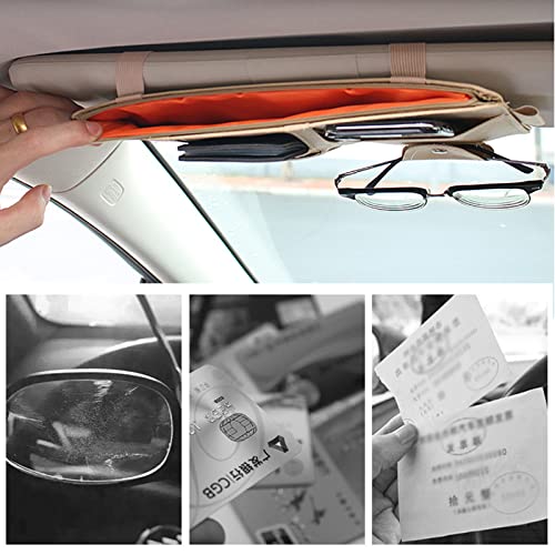 Beige Car Sun Visor Organizer, Sunglasses Holders for Car Sun Visor PU Auto Interior Accessories Storage Travel Document Holder with Multi Pocket