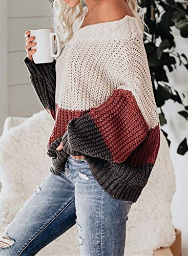 VIMPUNEC Womens Oversized Sweater Color Block Off The Shoulder Pullover Sweaters Cable Knit Chunky Striped Tops White Black S