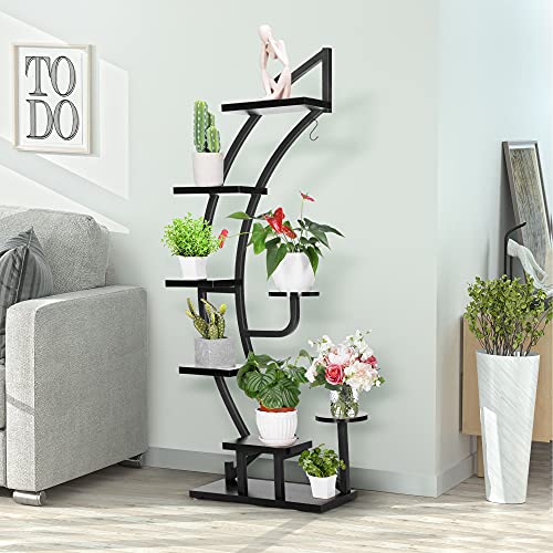 VIVOHOME 6 Tier 9 Potted Steel-Wood Plant Stand with Hanger, Curved Flower Pot Holder Shelf for Indoor, Black