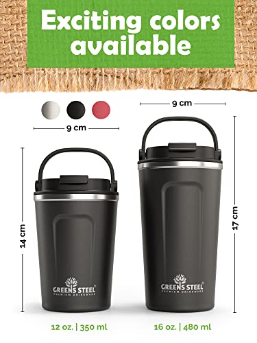 Greens Steel Insulated Coffee Mug Reusable – 350 ml, Black I Thermos Cup with Handle Lid I Stainless Steel Hot Cold Drinks Waterproof Tea Coffee Ice Drink