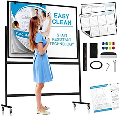 Large Mobile Rolling Whiteboard on Wheels (48x36") Includes Big Flipchart Pad, Magnetic Planners, and More! Portable Double Sided Dry Erase Magnetic White Board with Stand, Stain Resistant Technology