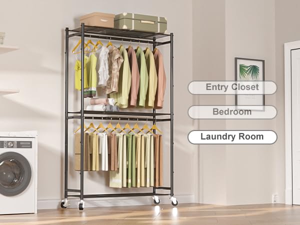 Neatrays Rolling Clothes Rack for Hanging Clothes, Metal Clothing Garment Rack with Double Rods & 3 Wire Shelves, Portable Wardrobe Closet with Wheels