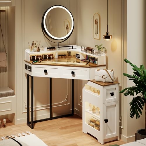 FREDEES Corner Vanity with Mirror and Lights,Modern Makeup Vanity Set with Charging Station for Bedroom/Cloakroom,Glass Top Vanity Table with Drawers and Shelves,White