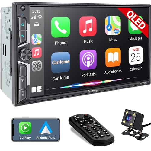 SJoyBring Wireless Double Din Car Stereo with Carplay, Android Auto, QLED Touchscreen, Bluetooth, 4-Channel RCA, 60W*4 High Power, Subwoofer, 7" Car Radio Receiver, Backup Camera