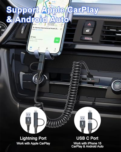 USB to USB C and Lightning Cable 2 in 1-3A Fast Charging & Data Sync Apple CarPlay & Android Auto Coiled Lightning and USB C Cable for iPhone 15 Plus 14 13 12 11 Pro/max/USB C Android Smartphones