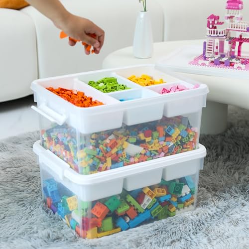 Citylife 17 QT Plastic Storage Box with Building Baseplate Lid and Removable Tray Craft Organizers and Storage Clear Storage Container for Organizing Bead, Tool, Sewing, Blue
