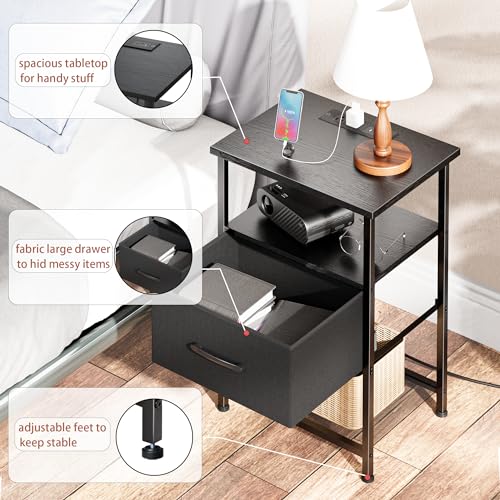 LAKEMID Nightstands Set of 2 with Charging Station and Drawer, End Table Bedside Table with 20 Colors LED Light Strip and 2 Layers Shelf for Bedroom Living Room Sofa Couch (Black)