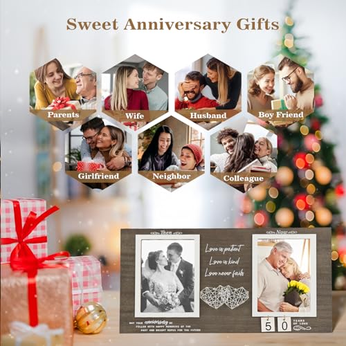 Then and Now Anniversary Picture Frame, 1-99 Years Wedding Gift Ideas, Engagement Bridal Shower Gifts, 25th Anniversary Wood Double Photo Frame for Couple, 4x6 Inches Photos
