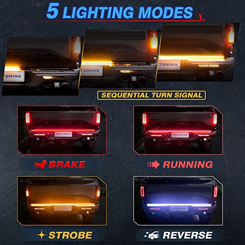 MICTUNING 47 Inch LED Tailgate Light Bar Triple Row Full Function Sequential Amber Turn Signal - Aluminum Frame Light Strip for Trucks Waterproof with 4-Way Flat Connector