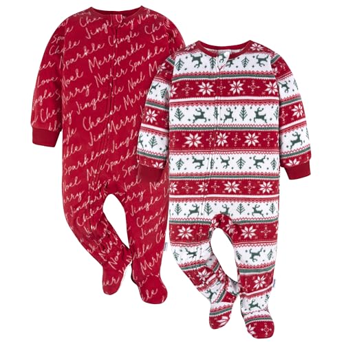 Gerber Unisex Baby Toddler Flame Resistant Fleece Footed Holiday Pajamas 2-Pack, Deer Fairisle