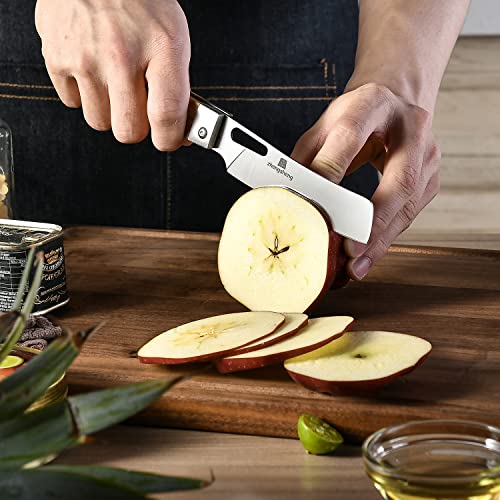 ZhengSheng Folding Chef Knife 4.8” Ultra Sharp 440A Stainless Steel Blade Natural Olive Handle Pocket Foldable Japanese Style Kitchen Knife for Outdoor Camping BBQ trip Cooking