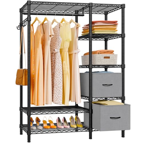 VIPEK V7 Heavy Duty Clothes Rack with Shelves Garment Rack with Drawers, Portable Clothing Storage Rack for Hanging Clothes Freestanding Closet System Adjustable Metal Wardrobe, Max Load 730lbs, Black