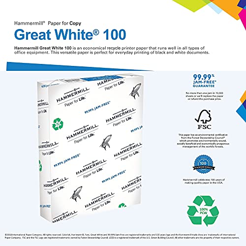 Hammermill Printer Paper, Great White 100% Recycled Paper, 8.5 x 11 - 1 Ream (500 Sheets) - 92 Bright, Made in the USA, 086790R
