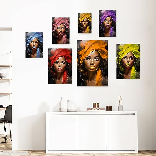 DOARTDO African American Canvas Wall Art Black Women Blue Hair Scarf Pictures Abstract Wall Paintings Black Girl Art Print Framed (12.00" x 18.00", Blue)