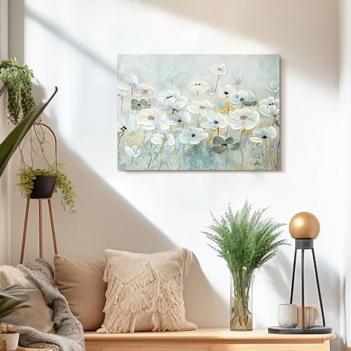 ArtbyHannah Oil Painting on Canvas DIY Kit - Hand-Painted White Flower Wall Art, 28x20 in to be Assembled Wall Decoration with Accessories - Textured Artwork