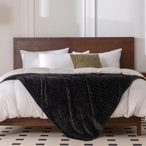 KORBLISS Super Soft Flannel Throw Blanket 50x60 Inches, Premium Gold Glitter Stripes Silky Fleece Lightweight Bed Blanket All Season Use, Black, 50"x60"