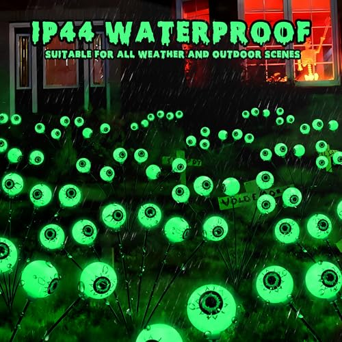 BrizLabs Solar Halloween Lights, 2 Pack 12 LED Halloween Eyeball Lights, 2 Modes Outdoor Halloween Lights, Swaying Eye Firefly Pathway Lights, Green Halloween Solar Lights for Path Yard Garden Lawn