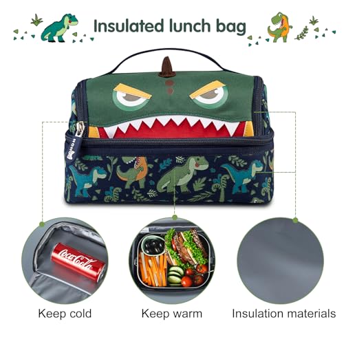 NOHOO Kids Lunch Bag, Insulated lunch bag Cooler Reusable Bilayer Lunch box tote for Women, Girls, Men, Boys, Schools, Offices, Work, Travel, Picnic,Party(Dinosaurs)