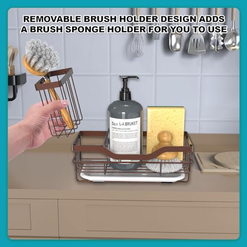 Vanwood Sponge Holder for Kitchen Sink Caddy Organizer with Brush Holder & Drain Tray, Rustproof Dish Soap Sponge Caddy for Kitchen Sink Counter - Storage Kitchen & Home Accessories