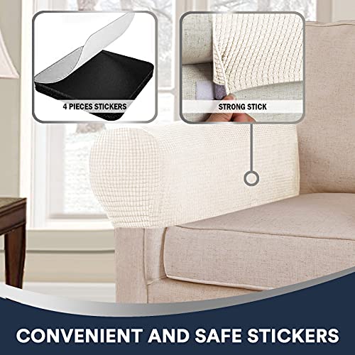 Stretch Sofa Armrest Covers Spandex Jacquard Arm Covers for Chairs and Sofas Anti-Slip Couch Armrest Covers with Sticker Furniture Armrest Protector for Sofa Couch Chair Recliner, Set of 2, Beige