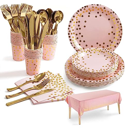 Dn Dennov 168PCS Pink and Gold-Pastel Party Supplies, Severs 20 Disposable Party Dinnerware Include Paper Party Plates, Cups, Napkins, Straw, Wooden Fork Spoon for Wedding,Christmas (Pink and Gold)