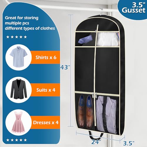 MISSLO 43" Gusseted Travel Garment Bag with Accessories Zipper Pocket Breathable Suit Garment Cover for Shirts Dresses Coats, Black
