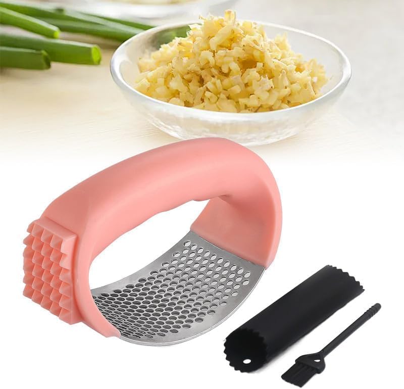 Stainless Steel Garlic Press, Garlic Chopper Garlic Press Rocker Set with Peeler, Garlic Mincer Crusher Masher with Peeler and Cleaning Brush, Garlic Chopper for Smash Garlic Kitchen Tools (Pink)