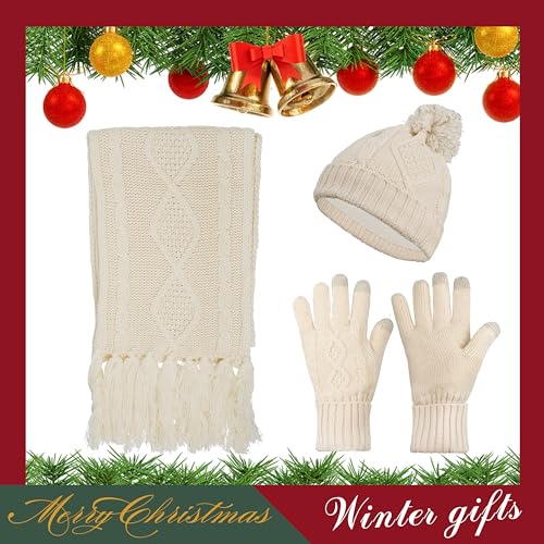 Hat Gloves Scarf Set for Women, Winter Beanie Warm Knit Pom Hat Touch Screen Glove Long Scarf 3pcs Winter Gift Set for Women